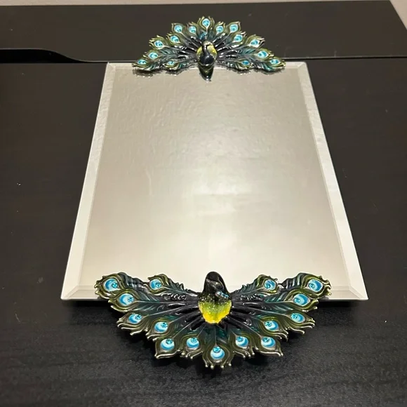Vintage Enamel Rhinestone Pewter Peacock Mirror Vanity Tray